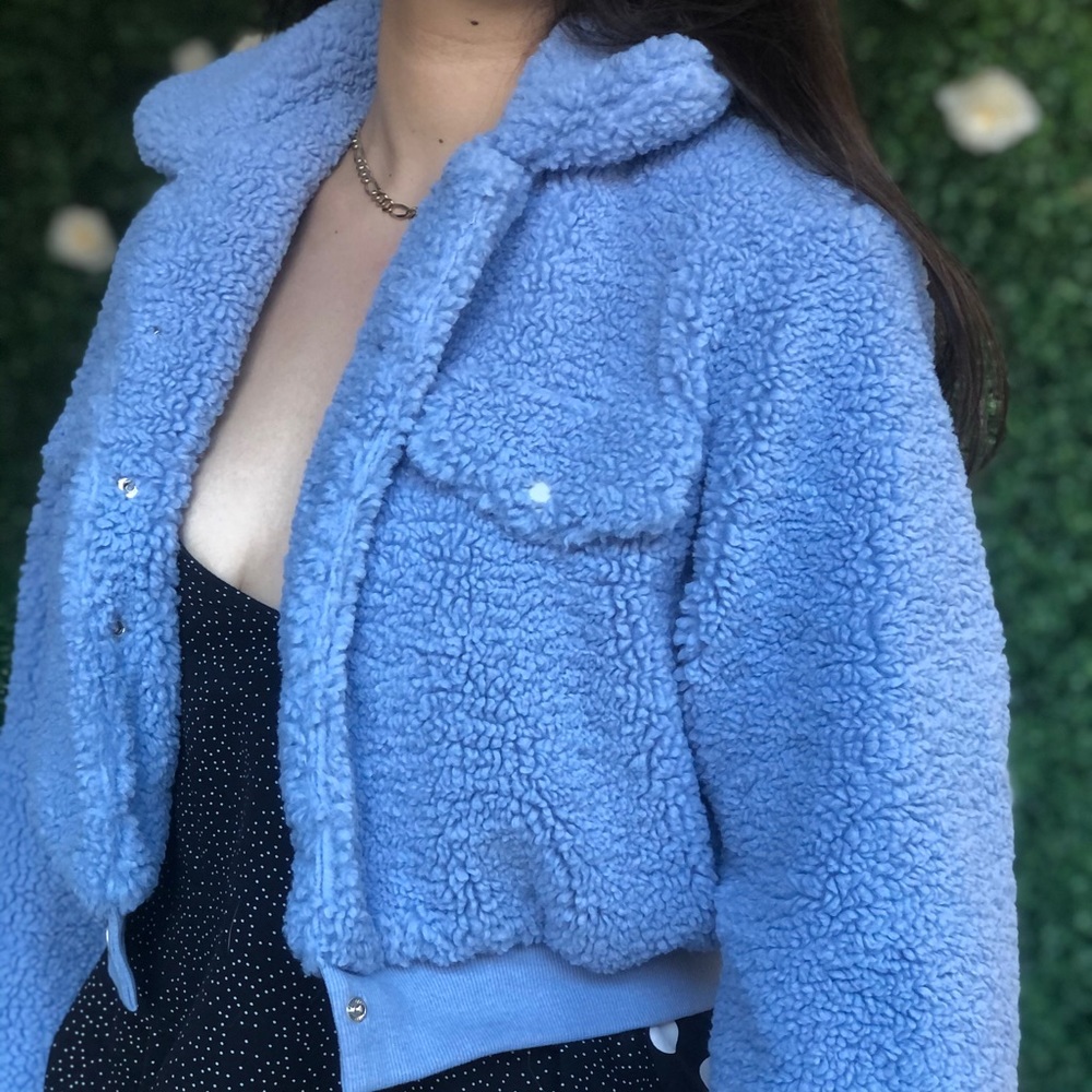 Periwinkle blue teddy jacket, soon to become your new go to closet stable all yr